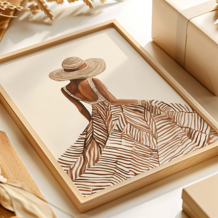 Modern Fashion Line Art Print, Contemporary Female Figure Illustration, Neutral Minimal Wall Art, Elegant Woman & Sun Hat Summer Boho Poster