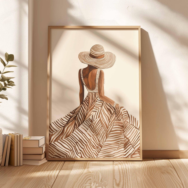 Modern Fashion Line Art Print, Contemporary Female Figure Illustration, Neutral Minimal Wall Art, Elegant Woman & Sun Hat Summer Boho Poster