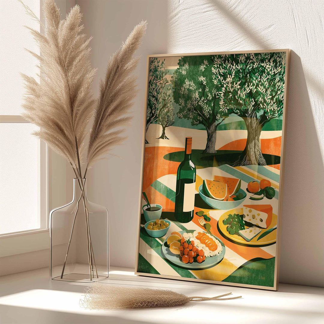 Mediterranean Picnic Wall Art Print, Modern Olive Tree Illustration, Summer Food & Wine Still Life Art, Contemporary Kitchen Décor