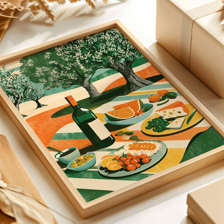 Mediterranean Picnic Wall Art Print, Modern Olive Tree Illustration, Summer Food & Wine Still Life Art, Contemporary Kitchen Décor