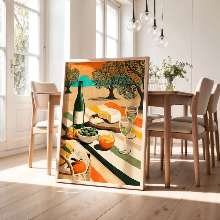 Sunny Mediterranean Picnic Wall Art, Modern Food & Wine Illustration, Olive Tree Landscape Art, Warm Contemporary Home Décor