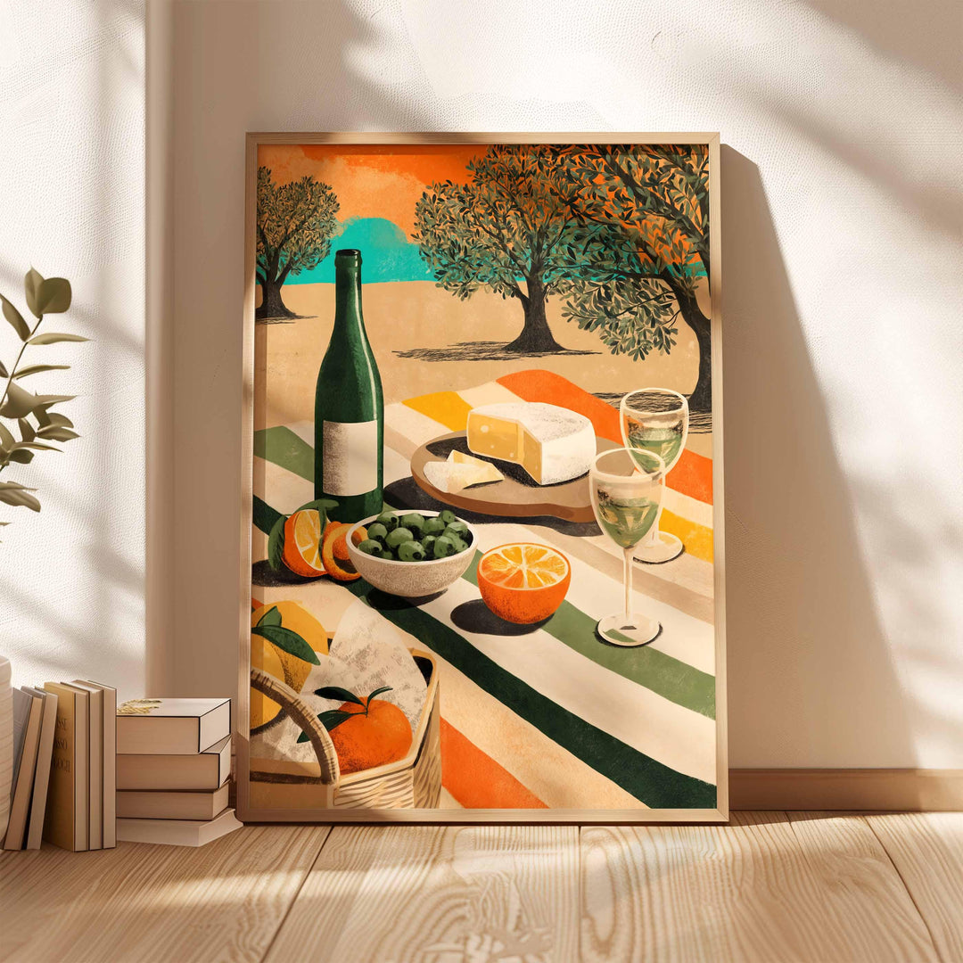 Sunny Mediterranean Picnic Wall Art, Modern Food & Wine Illustration, Olive Tree Landscape Art, Warm Contemporary Home Décor