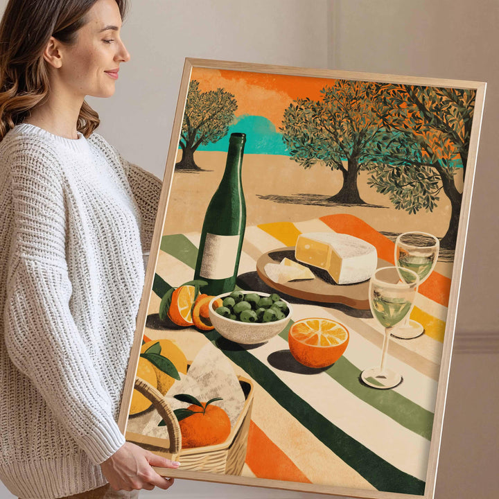 Sunny Mediterranean Picnic Wall Art, Modern Food & Wine Illustration, Olive Tree Landscape Art, Warm Contemporary Home Décor