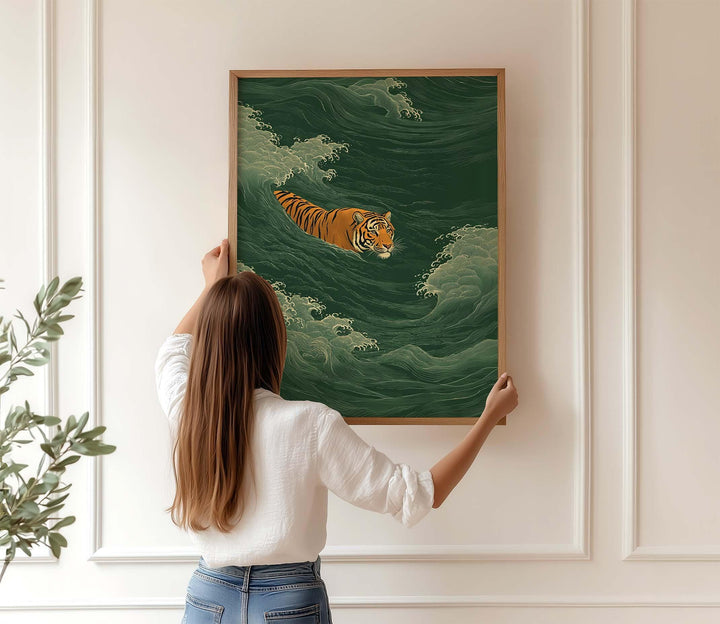 Japanese Tiger Swimming Wall Art Print, Ukiyo‑e Style Animal Illustration, Vintage Asian Inspired Home Décor, Bold Minimalist Art Print