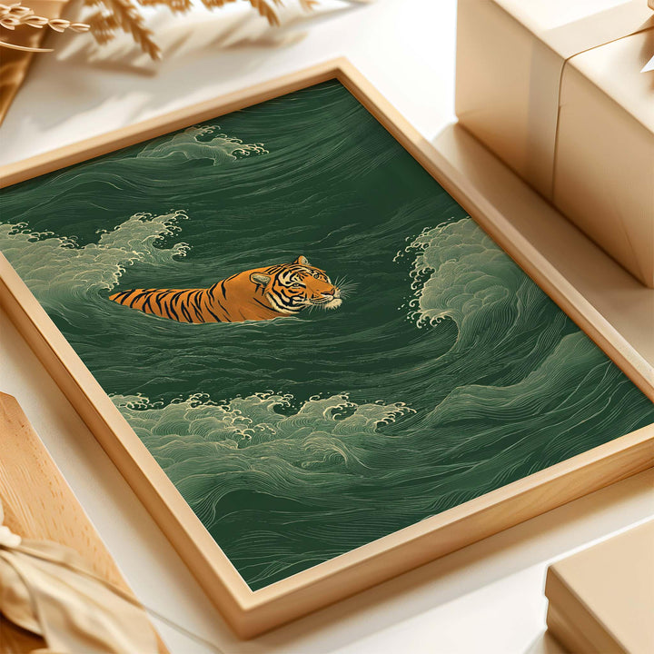 Japanese Tiger Swimming Wall Art Print, Ukiyo‑e Style Animal Illustration, Vintage Asian Inspired Home Décor, Bold Minimalist Art Print