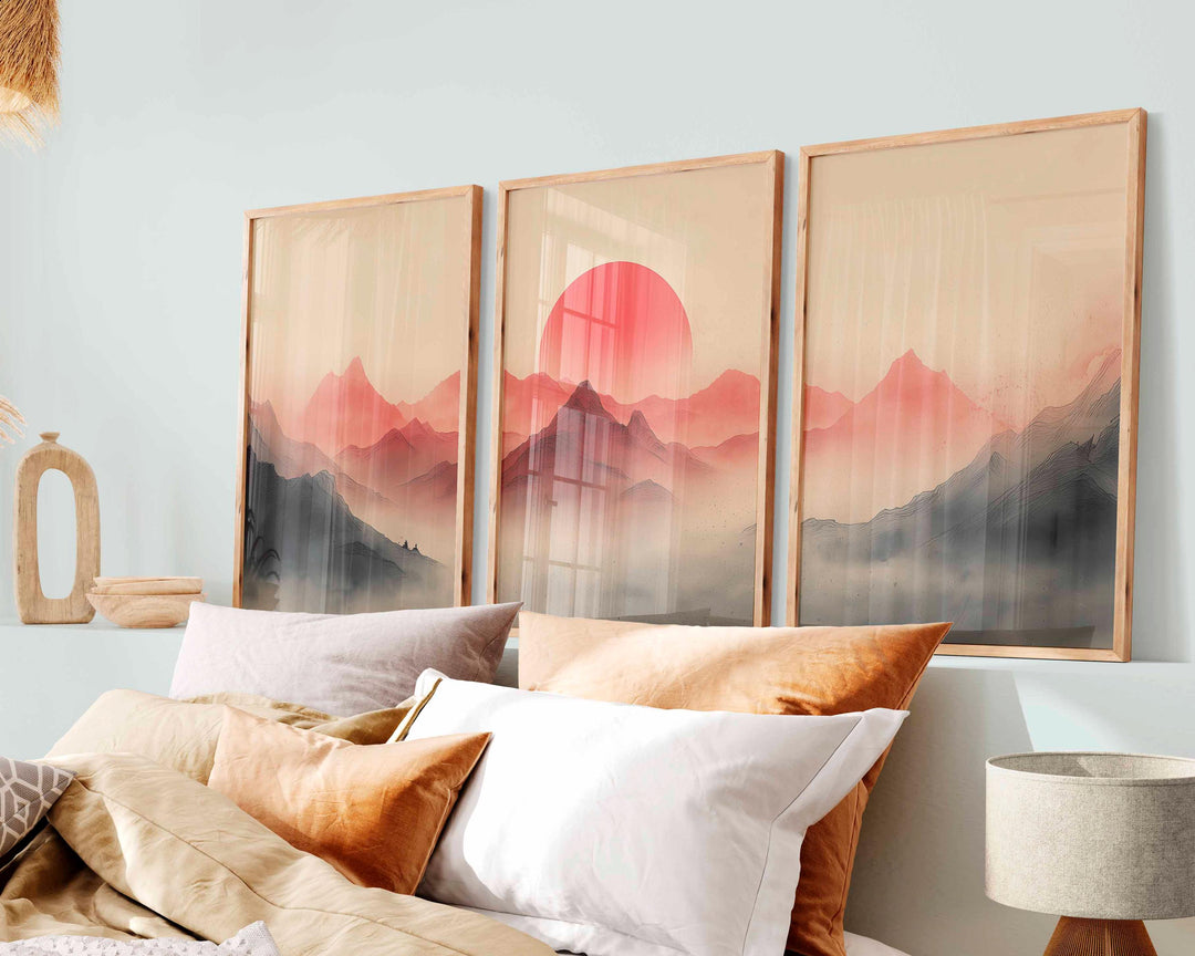 Japanese Mountains Set of 3 Wall Art Prints, Modern Asian Landscape Print Set, Contemporary Triptych Sunset Minimalist Zen Home Décor