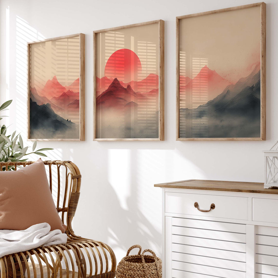 Japanese Mountains Set of 3 Wall Art Prints, Modern Asian Landscape Print Set, Contemporary Triptych Sunset Minimalist Zen Home Décor