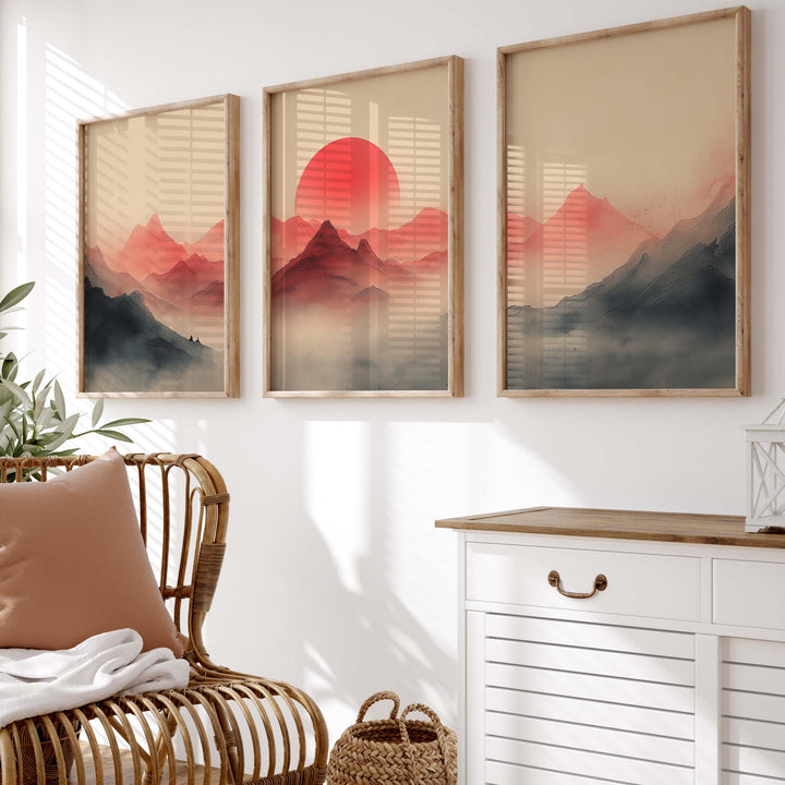 Japanese Mountains Set of 3 Wall Art Prints, Modern Asian Landscape Print Set, Contemporary Triptych Sunset Minimalist Zen Home Décor