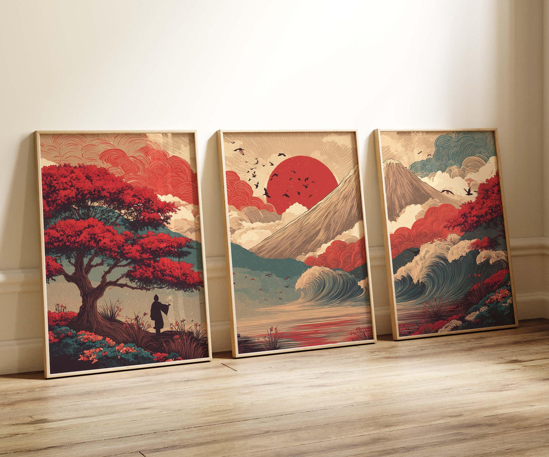 Japanese Landscape Set of 3 Wall Art Prints, Mountain & Sun Nature Triptych Print Set, Asian Inspired Scenic Artwork, Oriental Home Décor