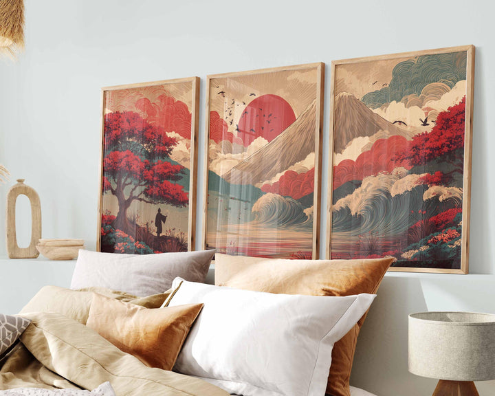 Japanese Landscape Set of 3 Wall Art Prints, Mountain & Sun Nature Triptych Print Set, Asian Inspired Scenic Artwork, Oriental Home Décor