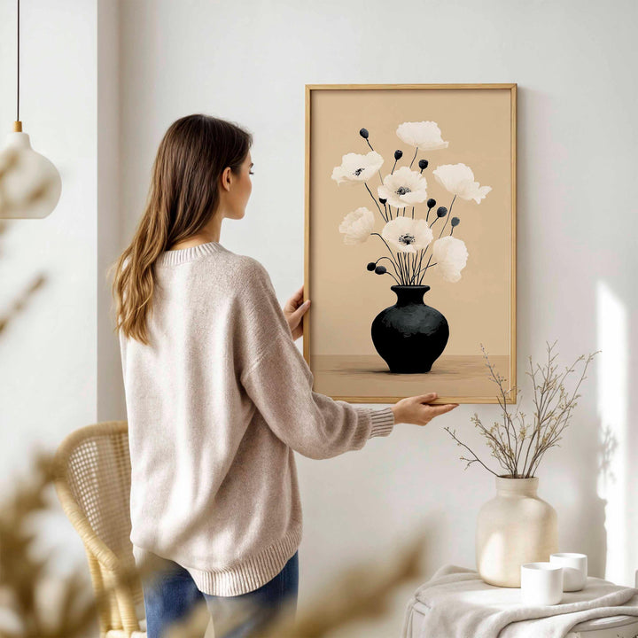 Modern Botanical Wall Art Print, Minimalist Floral Illustration, Neutral Flower Still Life, Contemporary Boho Home Décor Poster
