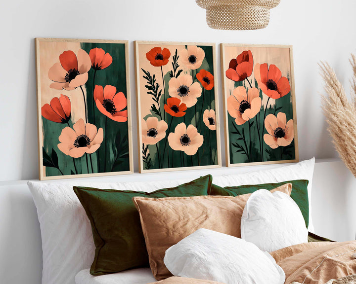 Set of 3 Botanical Flower Prints, Modern Floral Wall Art Trio, Neutral Poppy Illustration, Contemporary Boho Home Décor Set