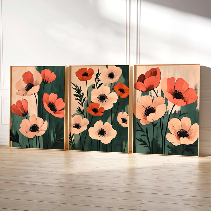 Set of 3 Botanical Flower Prints, Modern Floral Wall Art Trio, Neutral Poppy Illustration, Contemporary Boho Home Décor Set