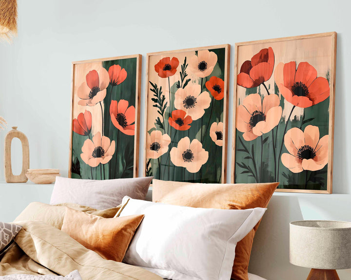 Set of 3 Botanical Flower Prints, Modern Floral Wall Art Trio, Neutral Poppy Illustration, Contemporary Boho Home Décor Set