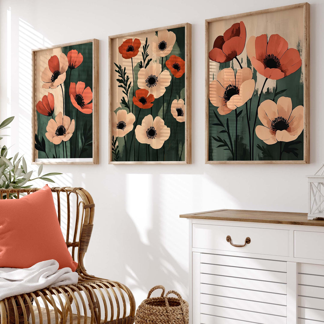 Set of 3 Botanical Flower Prints, Modern Floral Wall Art Trio, Neutral Poppy Illustration, Contemporary Boho Home Décor Set