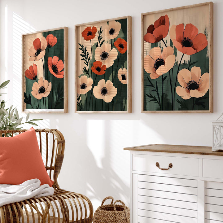 Set of 3 Botanical Flower Prints, Modern Floral Wall Art Trio, Neutral Poppy Illustration, Contemporary Boho Home Décor Set