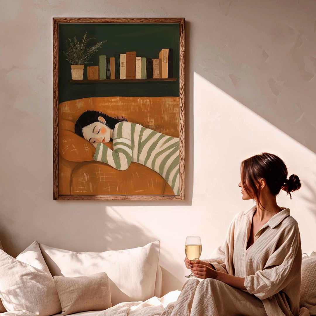 Modern Abstract Figurative Wall Art, Woman Resting Illustration, Trendy Contemporary Figure Print, Striped Woman Aesthetic Home Art