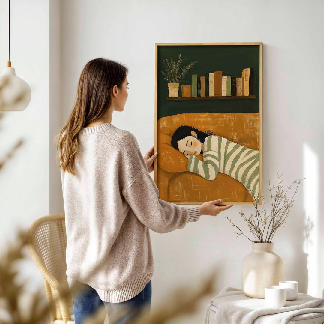 Modern Abstract Figurative Wall Art, Woman Resting Illustration, Trendy Contemporary Figure Print, Striped Woman Aesthetic Home Art