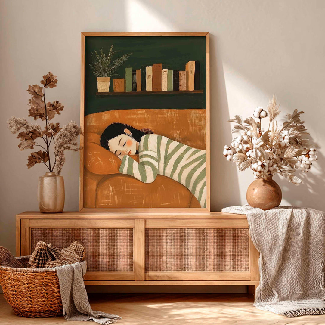 Modern Abstract Figurative Wall Art, Woman Resting Illustration, Trendy Contemporary Figure Print, Striped Woman Aesthetic Home Art