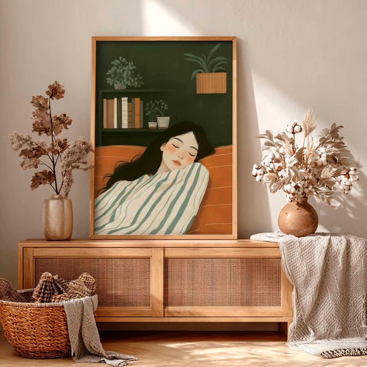 Serene Abstract Figurative Striped Wall Art, Woman Resting Illustration, Calm Painterly Emerald Green Figure Print, Neutral Self Care Décor