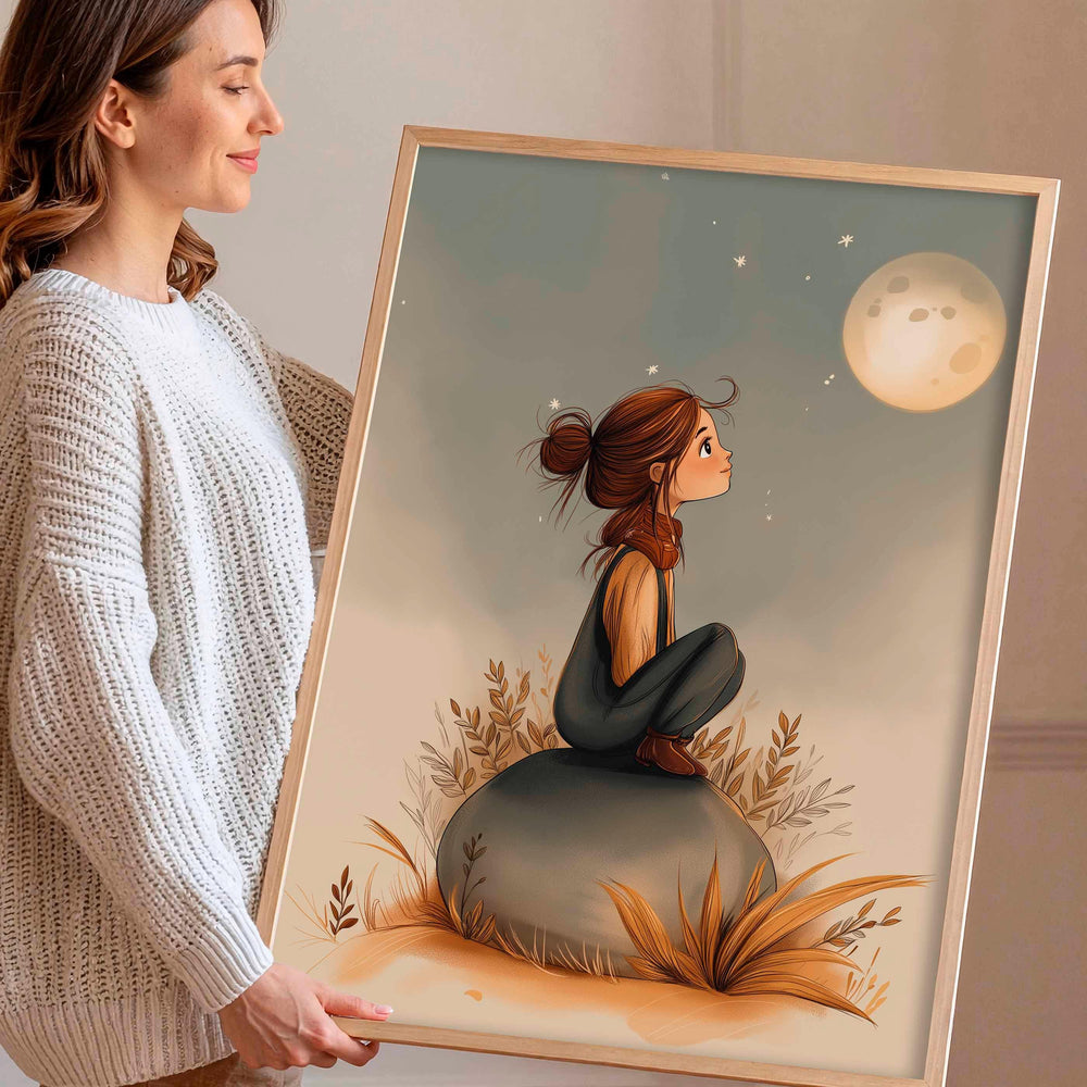 Girl And Moon Whimsical Wall Art, Moon And Stars Celestial Print, Kids Bedroom Home Decor, Birthday Gift For Her, Night Sky Poster