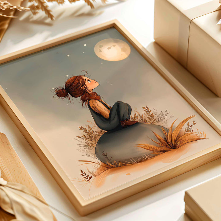 Girl And Moon Whimsical Wall Art, Moon And Stars Celestial Print, Kids Bedroom Home Decor, Birthday Gift For Her, Night Sky Poster