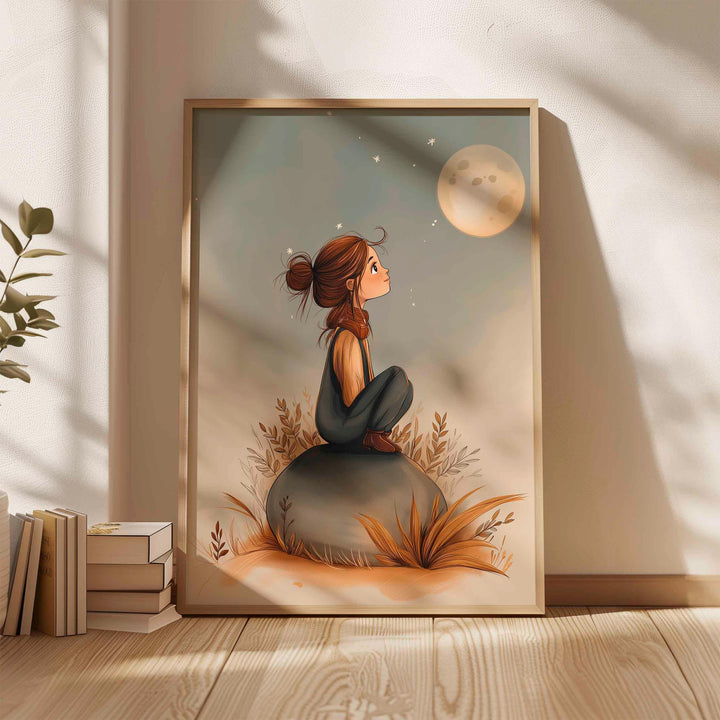 Girl And Moon Whimsical Wall Art, Moon And Stars Celestial Print, Kids Bedroom Home Decor, Birthday Gift For Her, Night Sky Poster