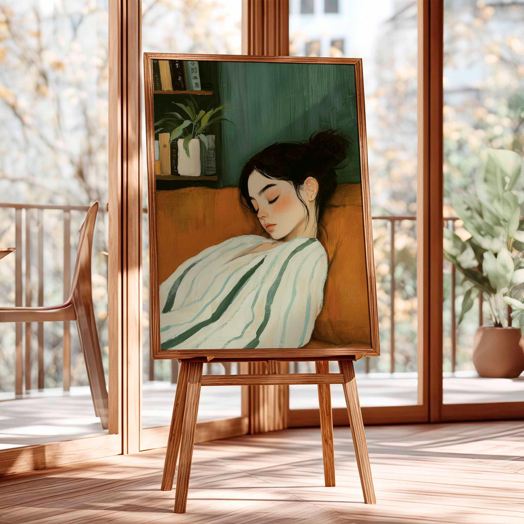 Minimalist Figurative Emerald Green Wall Art, Calm Abstract Woman Illustration, Soft Neutral Resting Figure, Serene Modern Home Décor