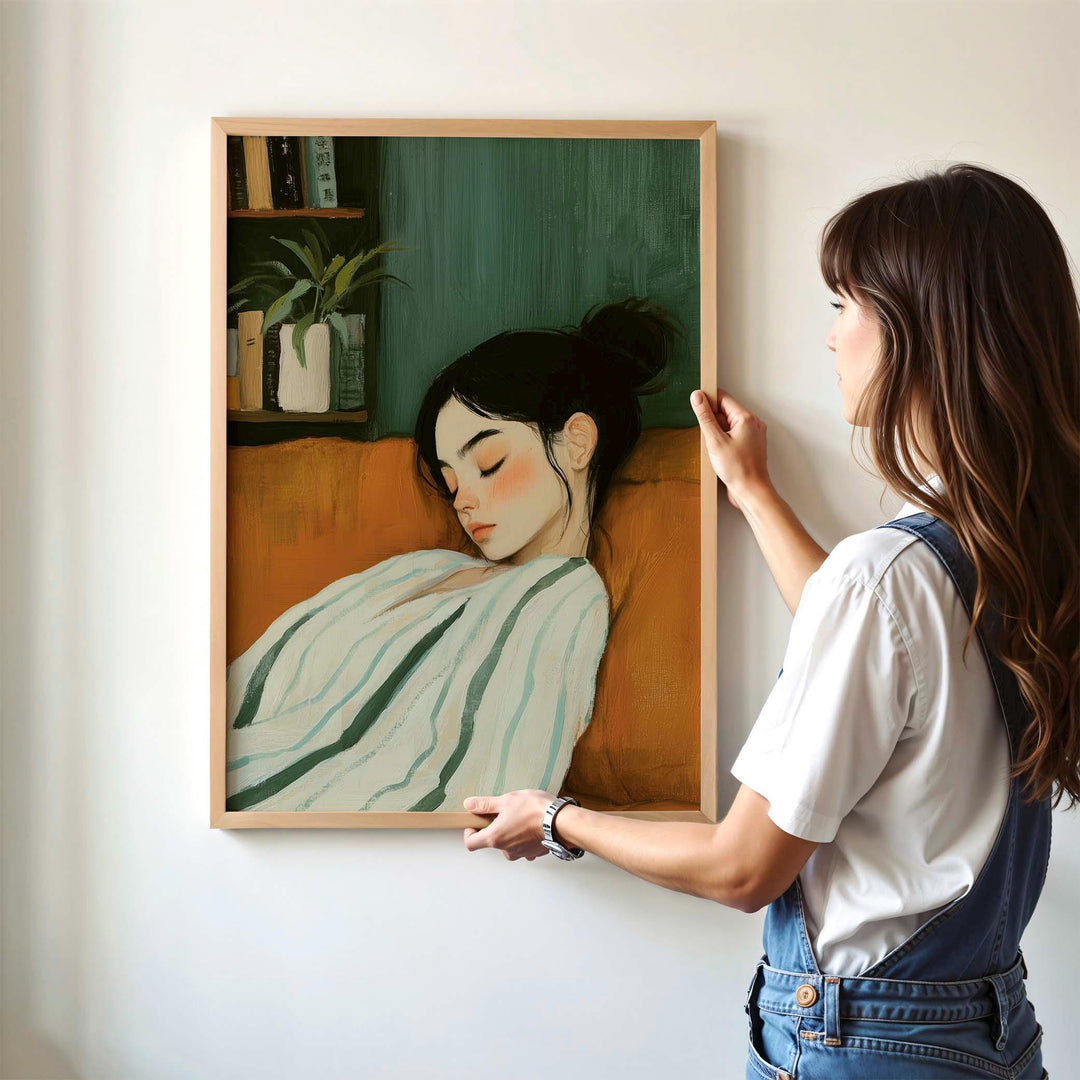 Minimalist Figurative Emerald Green Wall Art, Calm Abstract Woman Illustration, Soft Neutral Resting Figure, Serene Modern Home Décor