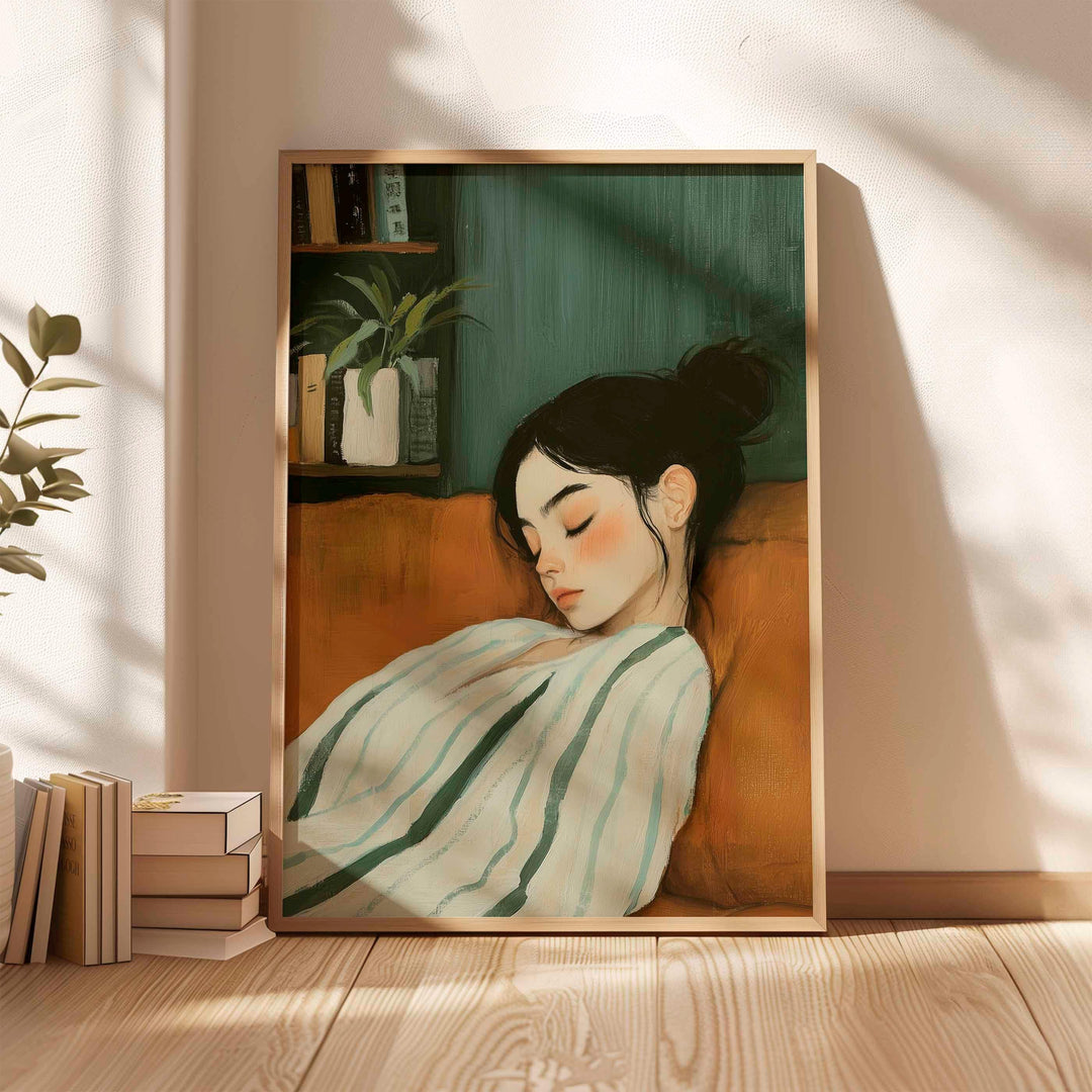 Minimalist Figurative Emerald Green Wall Art, Calm Abstract Woman Illustration, Soft Neutral Resting Figure, Serene Modern Home Décor