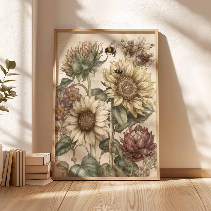 Vintage Botanical Flowers & Bees Print, Modern Farmhouse Wall Art, Cottagecore Sunflower Illustration, Rustic Nature Wall Décor