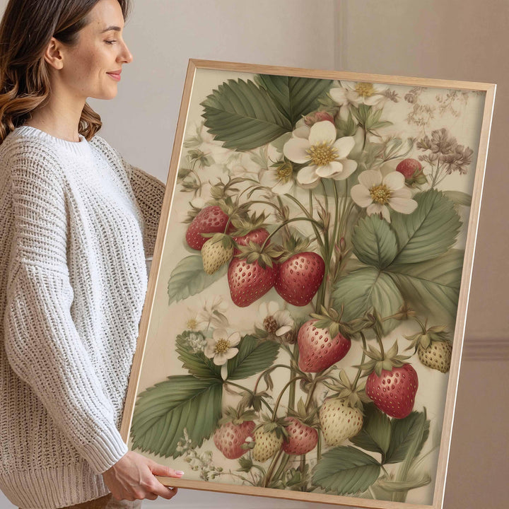 Vintage Botanical Strawberry Print, Modern Farmhouse Wall Art, Cottagecore Fruit Illustration, Rustic Kitchen Nature Inspired Wall Décor
