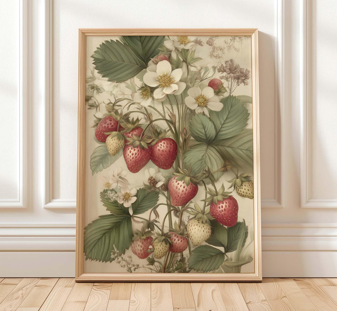 Vintage Botanical Strawberry Print, Modern Farmhouse Wall Art, Cottagecore Fruit Illustration, Rustic Kitchen Nature Inspired Wall Décor