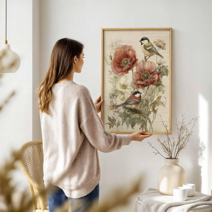 Vintage Botanical Flowers & Birds Print, Modern Farmhouse Wall Art, Cottagecore Nature Illustration, Rustic Floral Home Décor Gifts