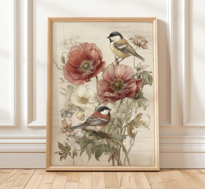 Vintage Botanical Flowers & Birds Print, Modern Farmhouse Wall Art, Cottagecore Nature Illustration, Rustic Floral Home Décor Gifts