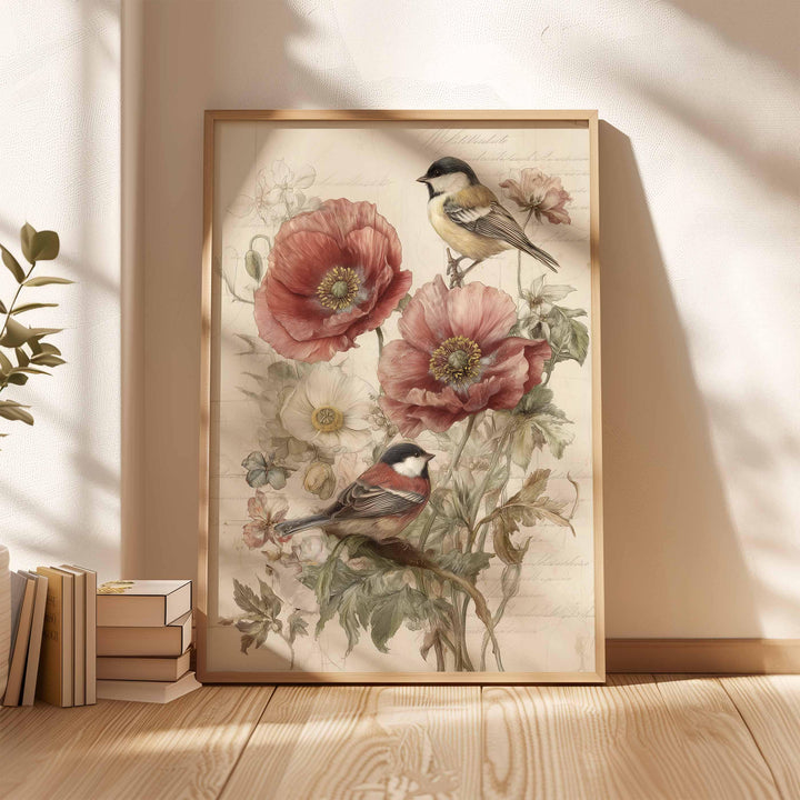 Vintage Botanical Flowers & Birds Print, Modern Farmhouse Wall Art, Cottagecore Nature Illustration, Rustic Floral Home Décor Gifts