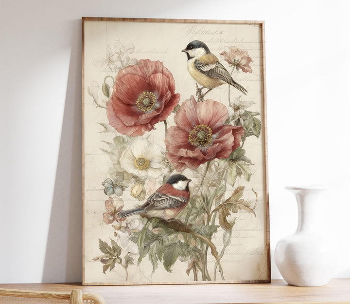 Vintage Botanical Flowers & Birds Print, Modern Farmhouse Wall Art, Cottagecore Nature Illustration, Rustic Floral Home Décor Gifts