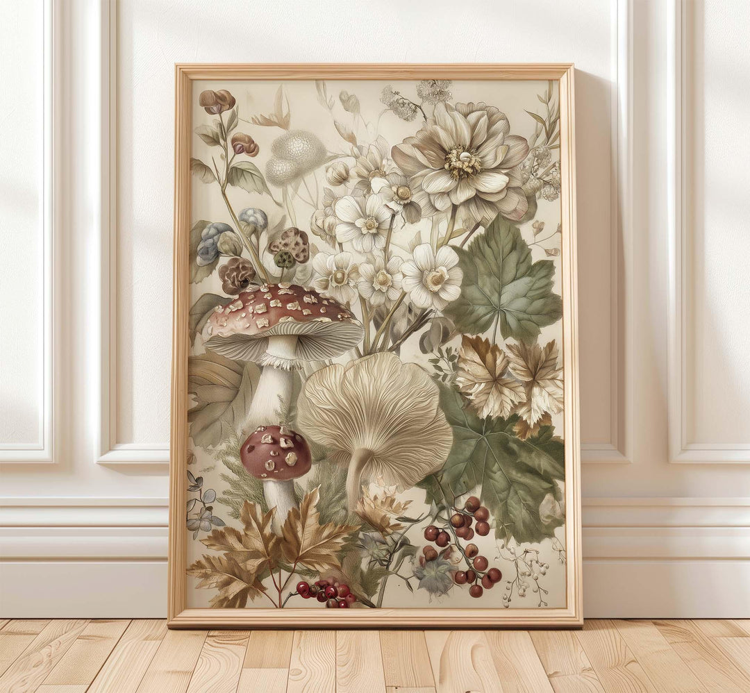 Vintage Autumn Flowers & Mushrooms Print, Modern Botanical Wall Art, Cottagecore Nature Illustration, Rustic Farmhouse Seasonal Home Décor