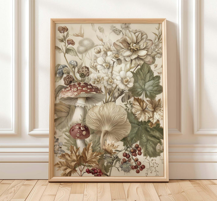 Vintage Autumn Flowers & Mushrooms Print, Modern Botanical Wall Art, Cottagecore Nature Illustration, Rustic Farmhouse Seasonal Home Décor
