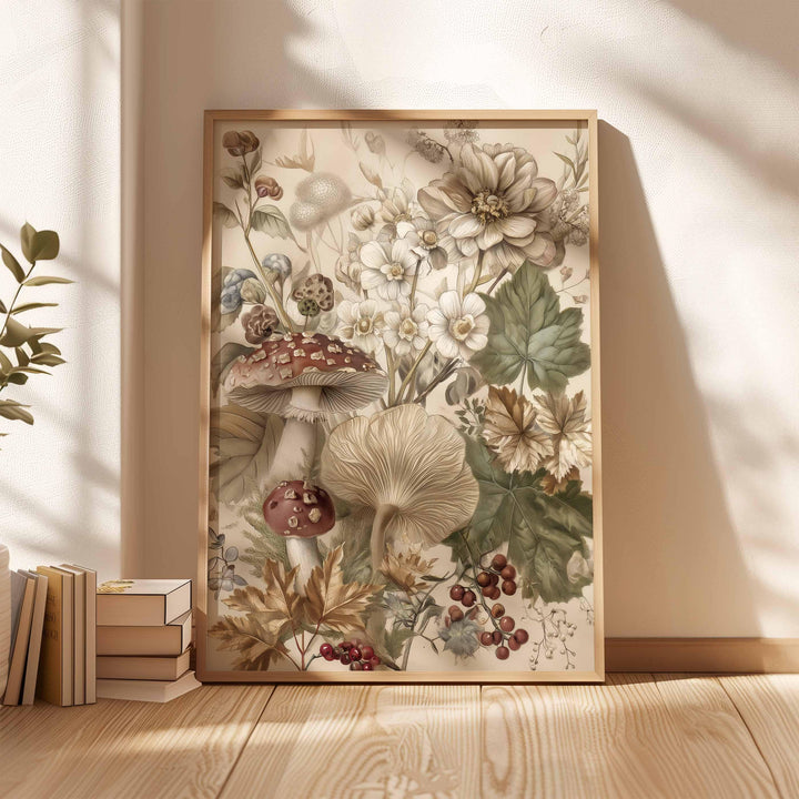 Vintage Autumn Flowers & Mushrooms Print, Modern Botanical Wall Art, Cottagecore Nature Illustration, Rustic Farmhouse Seasonal Home Décor