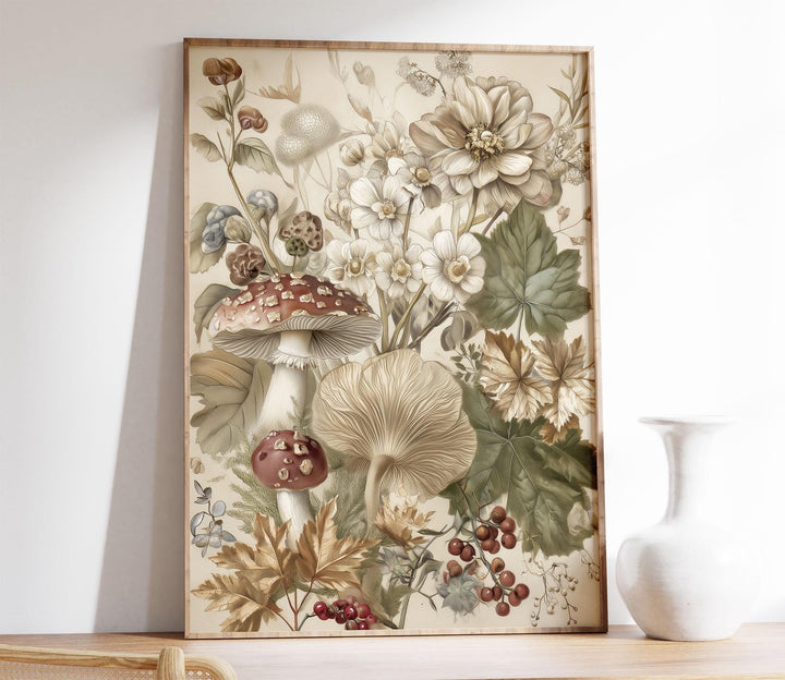 Vintage Autumn Flowers & Mushrooms Print, Modern Botanical Wall Art, Cottagecore Nature Illustration, Rustic Farmhouse Seasonal Home Décor
