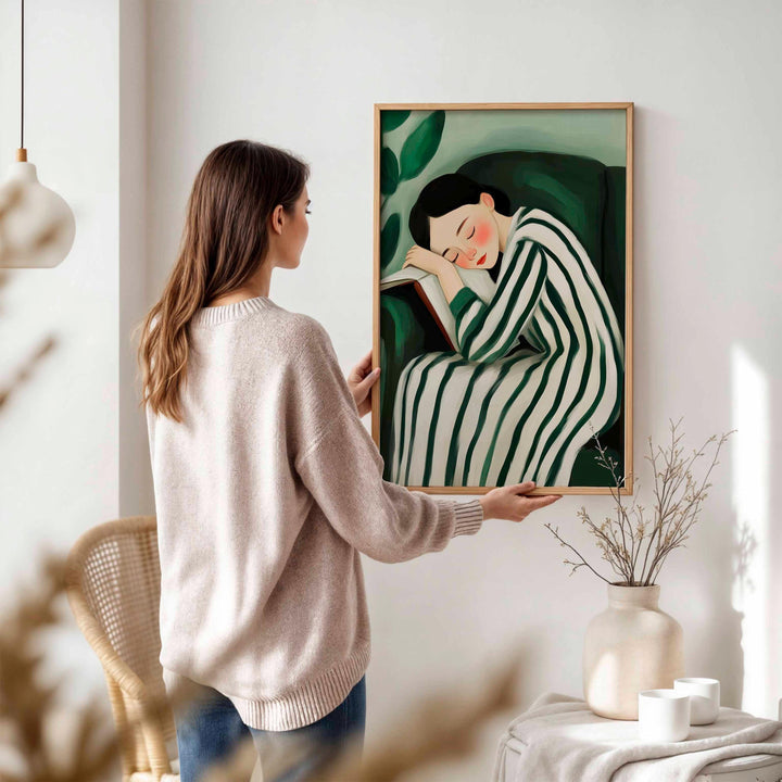 Serene Abstract Figurative Striped Wall Art, Woman Resting Illustration, Calm Painterly Emerald Green Figure Print, Neutral Self Care Décor
