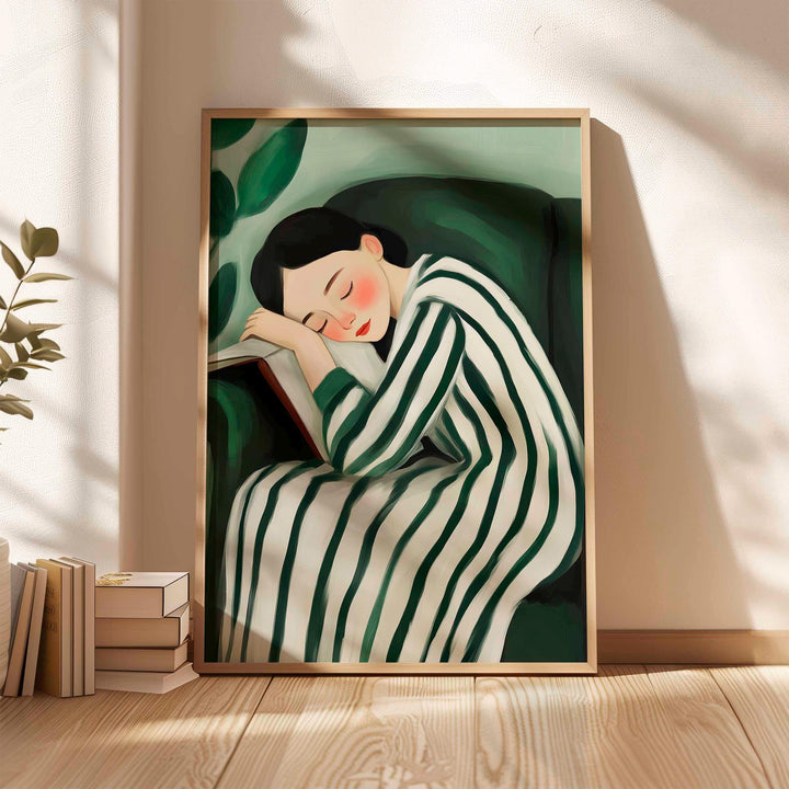 Serene Abstract Figurative Striped Wall Art, Woman Resting Illustration, Calm Painterly Emerald Green Figure Print, Neutral Self Care Décor