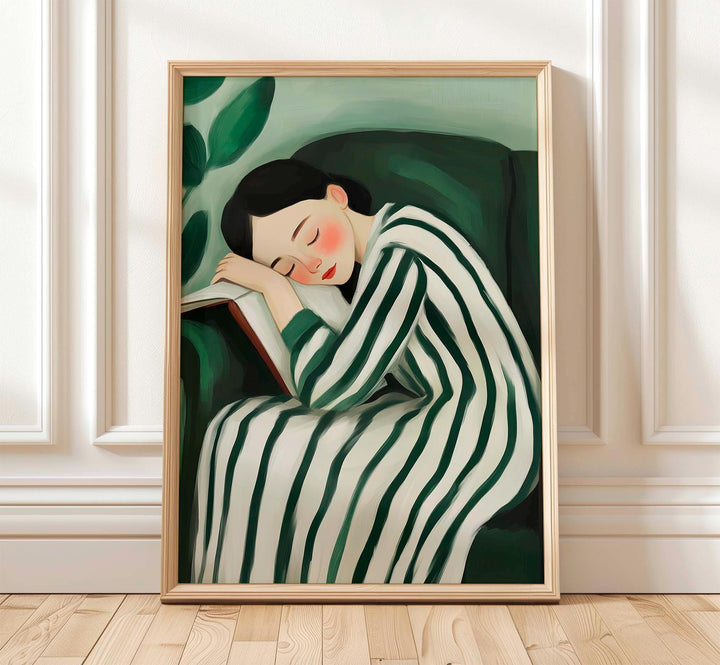 Serene Abstract Figurative Striped Wall Art, Woman Resting Illustration, Calm Painterly Emerald Green Figure Print, Neutral Self Care Décor