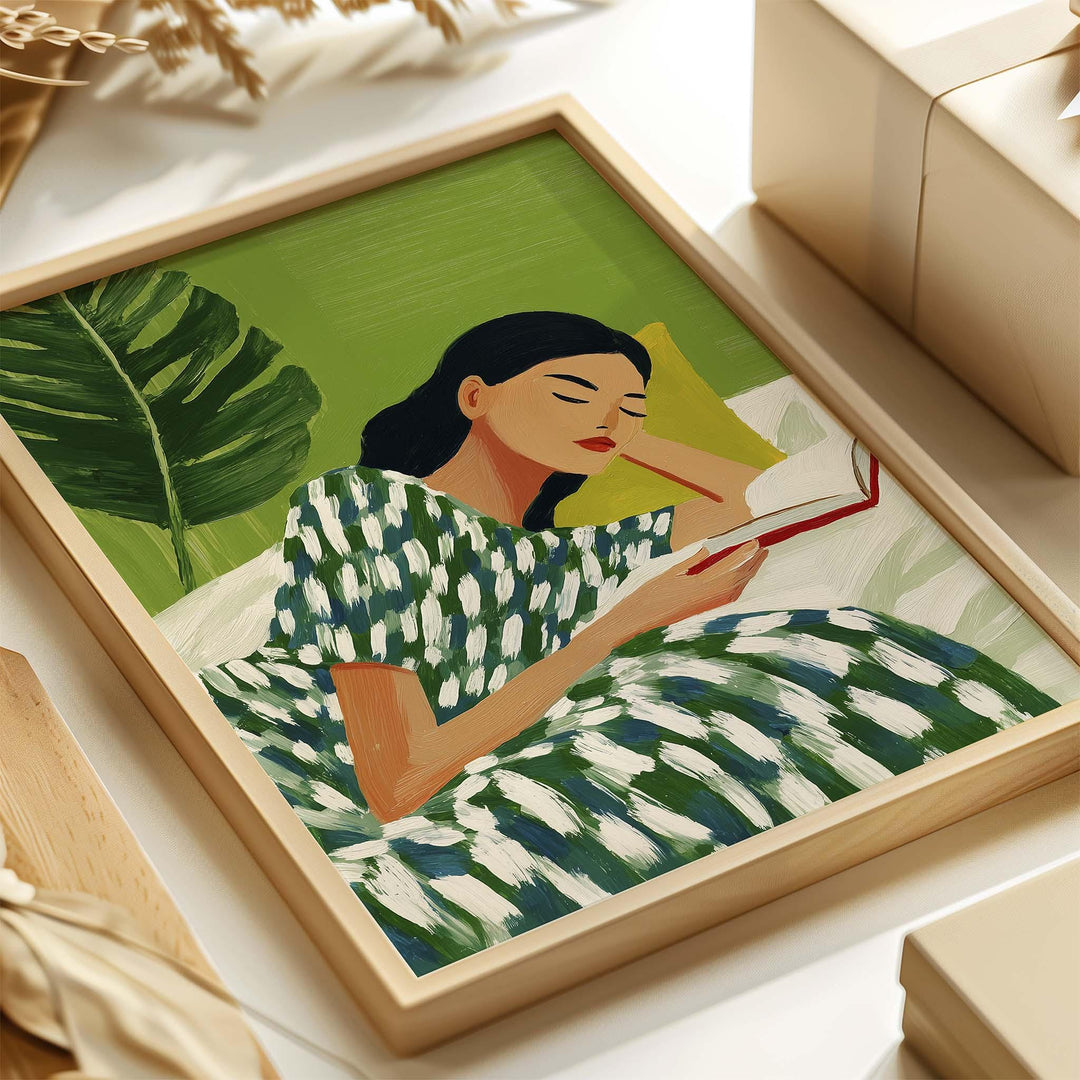Abstract Woman Reading Wall Art, Calm Figurative Illustration, Modern Botanical Home Décor, Serene Self Care Art Print, Book Art Gift