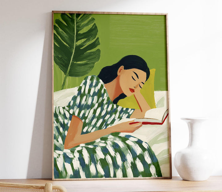Abstract Woman Reading Wall Art, Calm Figurative Illustration, Modern Botanical Home Décor, Serene Self Care Art Print, Book Art Gift