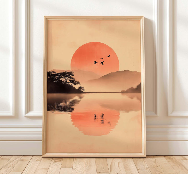 Vintage Asian Ink Wash Wall Art, Sumi‑e Landscape and Birds Print, Misty Mountain and Rising Sun Art, Serene Japanese Inspired Décor