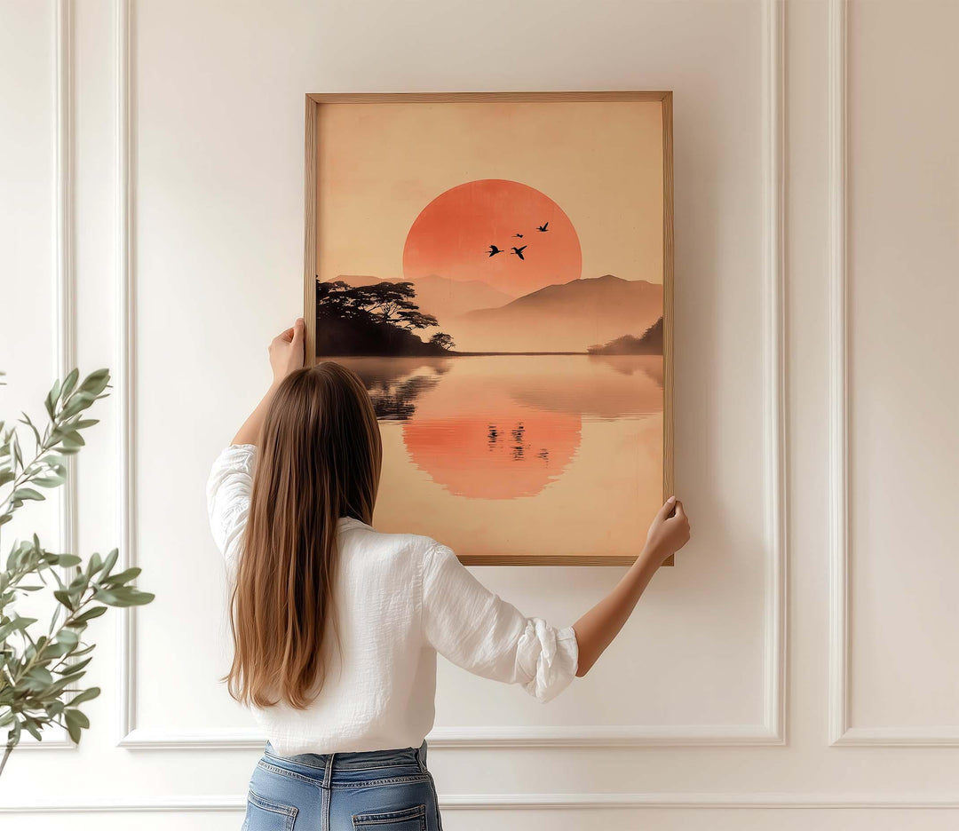 Vintage Asian Ink Wash Wall Art, Sumi‑e Landscape and Birds Print, Misty Mountain and Rising Sun Art, Serene Japanese Inspired Décor