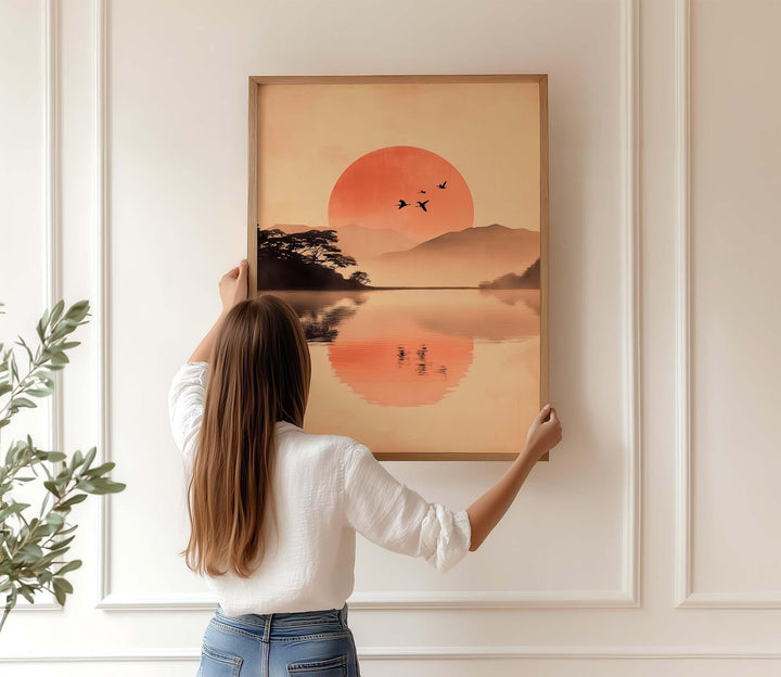 Vintage Asian Ink Wash Wall Art, Sumi‑e Landscape and Birds Print, Misty Mountain and Rising Sun Art, Serene Japanese Inspired Décor