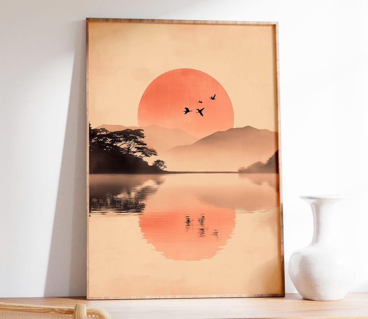Vintage Asian Ink Wash Wall Art, Sumi‑e Landscape and Birds Print, Misty Mountain and Rising Sun Art, Serene Japanese Inspired Décor
